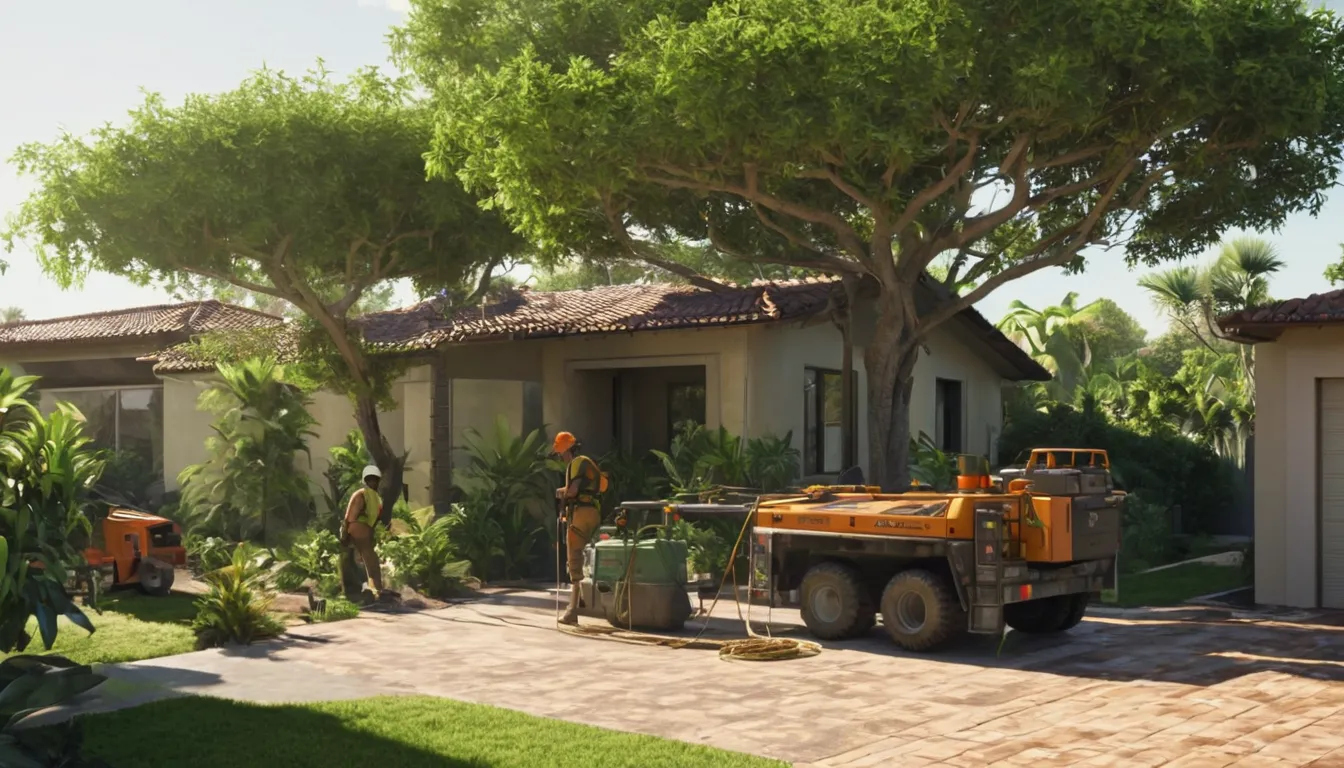Tree removal crew lowering a large tree section beside a concrete block home in Crystal River